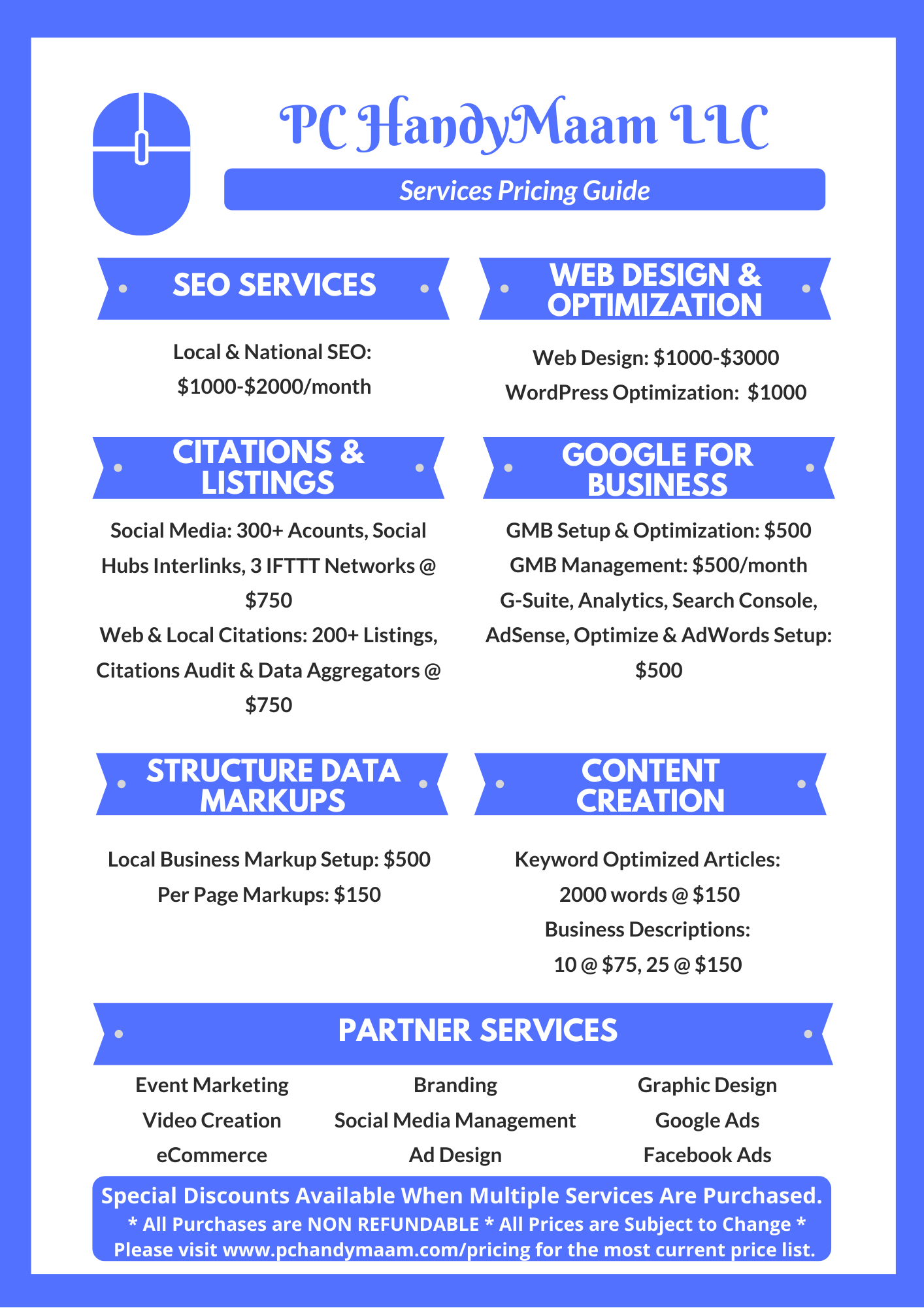 Pricing Guides for PC HandyMaam Web Design & SEO Services